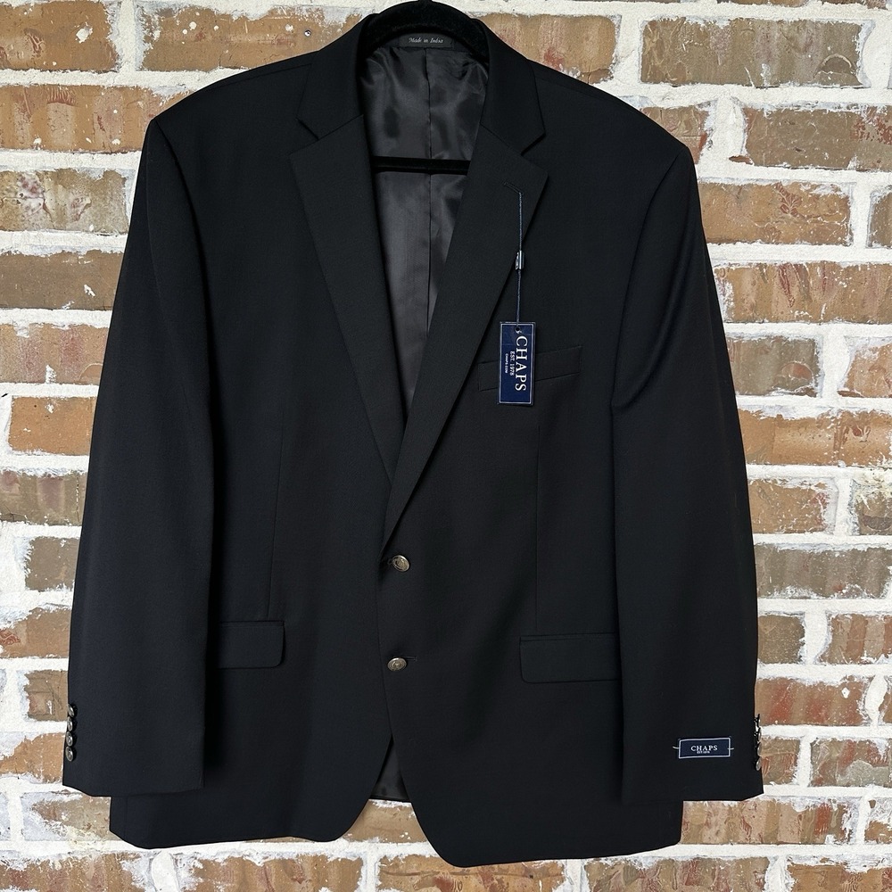 Chaps Ralph Lauren Blazer Sport Jacket Men's 48R Black Wool Blend Silver Button‎